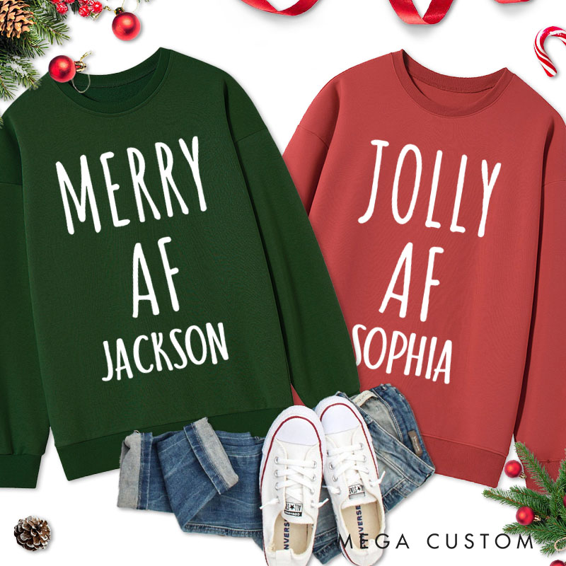 Personalized Couple Merry AF and Jolly AF Christmas Sweatshirt Couple Xmas Matching Crewneck Sweatshirt for Husband Wife Boyfriend Girlfriend