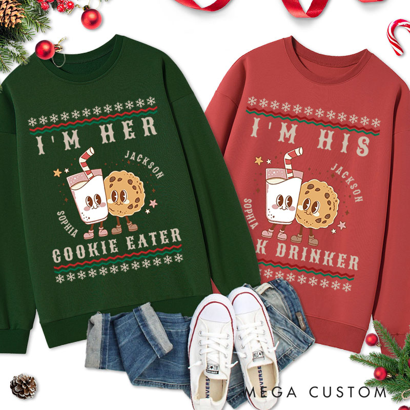 Personalized Couple I'm Her Cookie Eater Christmas Sweatshirt Couple I’m His Milk Drinker Matching Sweatshirt for Husband Wife Boyfriend Girlfriend