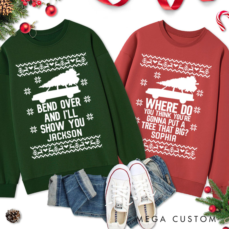 Personalized Couple Bend Over and I’ll Show You Sweatshirt Couple Xmas Truck with Tree Matching Sweatshirt for Husband Wife Boyfriend Girlfriend