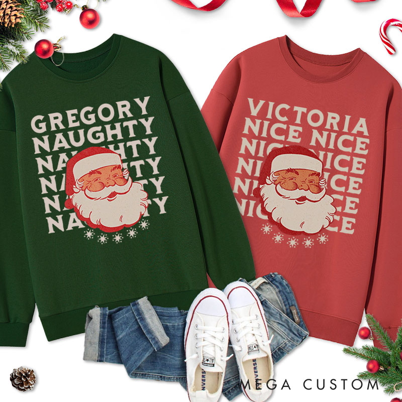 Personalized Couple Naughty and Nice with Santa Christmas Sweatshirt Couple Xmas Matching Crewneck Sweatshirt for Husband Wife Boyfriend Girlfriend