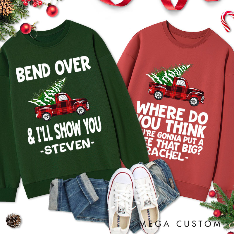 Personalized Couple Bend Over and I’ll Show You Christmas Sweatshirt Xmas Plaid Truck with Tree Sweatshirt for Husband Wife Boyfriend Girlfriend