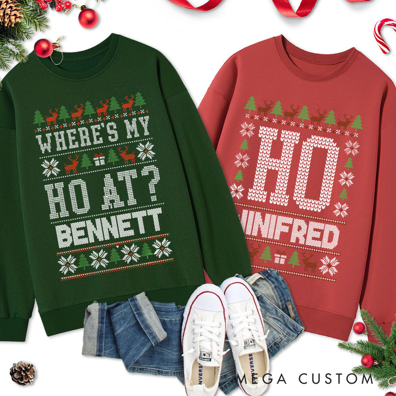 Personalized Couple Fun Where’s My Ho At and Ho Christmas Sweatshirt Xmas Ugly Sweater Matching Sweatshirt for Husband Wife Boyfriend Girlfriend