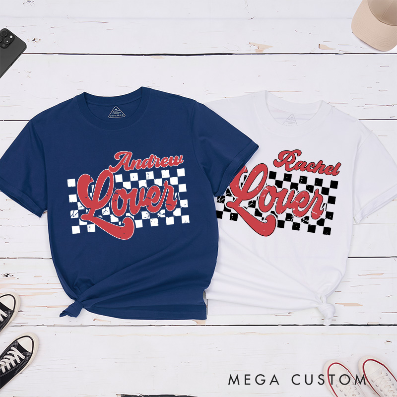Personalized Retro Couple Lover Checkered Matching T-Shirt Valentine's Day T-Shirt for Husband Wife Boyfriend Girlfriend Gift for Hubby and Wifey