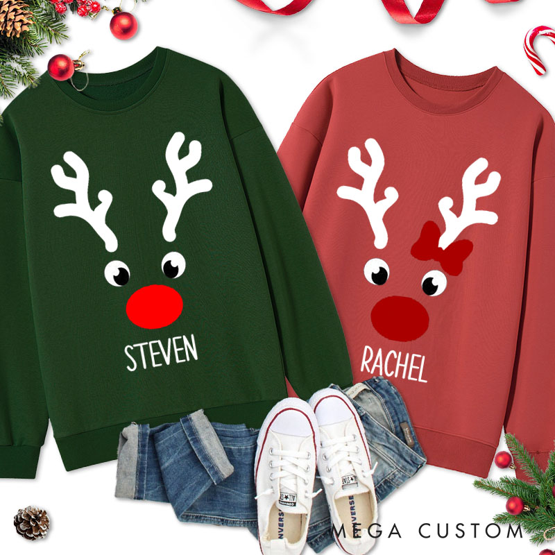 Personalized Couple Cute Christmas Reindeer Matching Sweatshirt with Name Couple Xmas Antler Crewneck Sweatshirt for Husband Wife Boyfriend Girlfriend