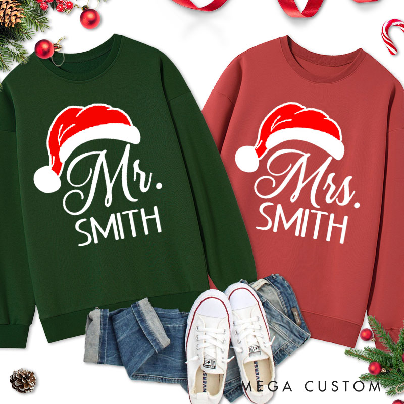 Personalized Couple Mr. and Mrs. with Santa Hats Christmas Sweatshirt Couple Xmas Matching Crewneck Sweatshirt for Husband Wife Boyfriend Girlfriend