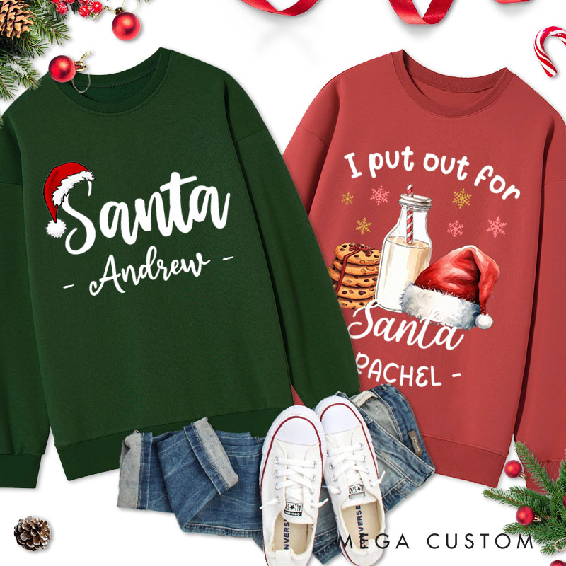 Personalized Couple Santa and I Put Out for Santa Christmas Sweatshirt Couple Xmas Milk and Cookie Sweatshirt for Husband Wife Boyfriend Girlfriend