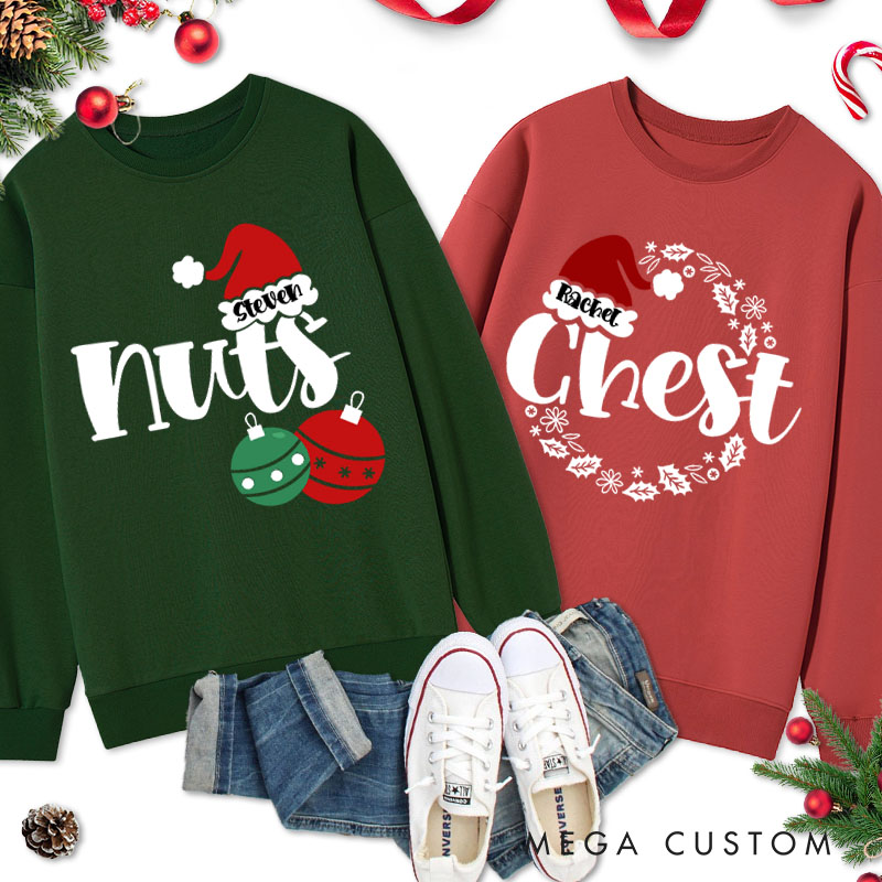 Personalized Couple Funny Nuts with Christmas Balls and Chest with Wreath Sweatshirt Couple Xmas Sweatshirt for Husband Wife Boyfriend Girlfriend