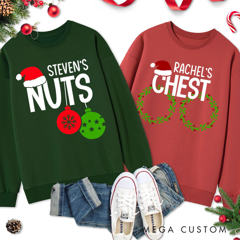 Personalized Couple Fun Nuts and Chest with Santa Hat Sweatshirt Couple Xmas Ball and Wreath Crewneck Sweatshirt for Husband Wife Boyfriend Girlfriend