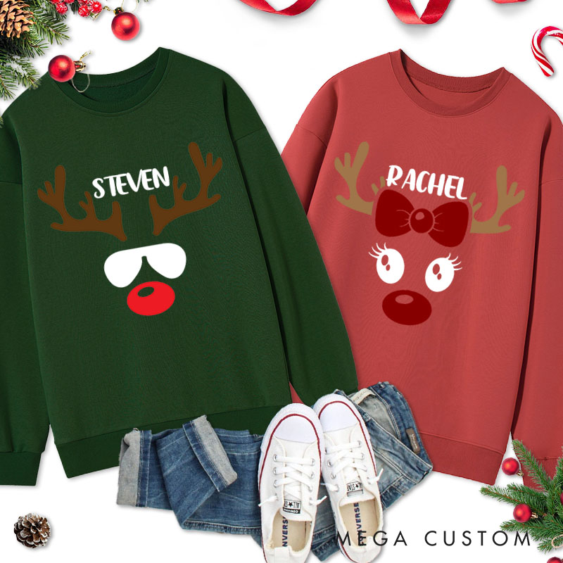 Personalized Couple Reindeer with Sunglasses and Reindeer with Bow Christmas Sweatshirt Xmas Matching Sweatshirt for Husband Wife Boyfriend Girlfriend