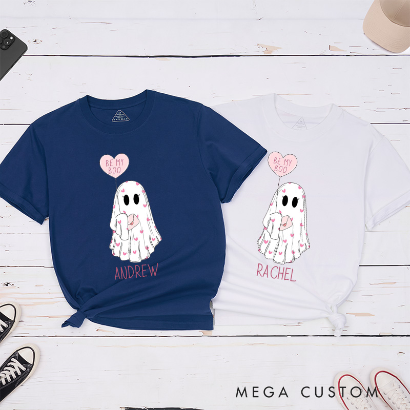 Personalized Couple Be My Boo Matching T-Shirt Valentine's Day Ghost Holding Heart Balloon T-Shirt for Husband Wife Boyfriend Girlfriend Gift