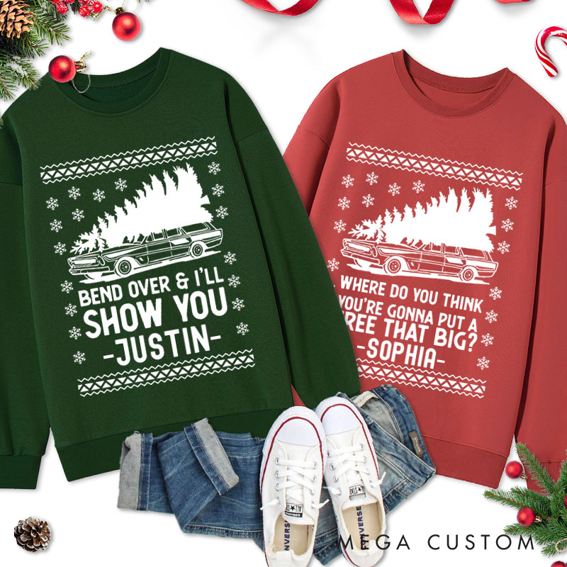 Personalized Couple Bend Over and I'll Show You Sweatshirt Xmas Truck Ugly Sweater Couple Matching Sweatshirt for Husband Wife Boyfriend Girlfriend