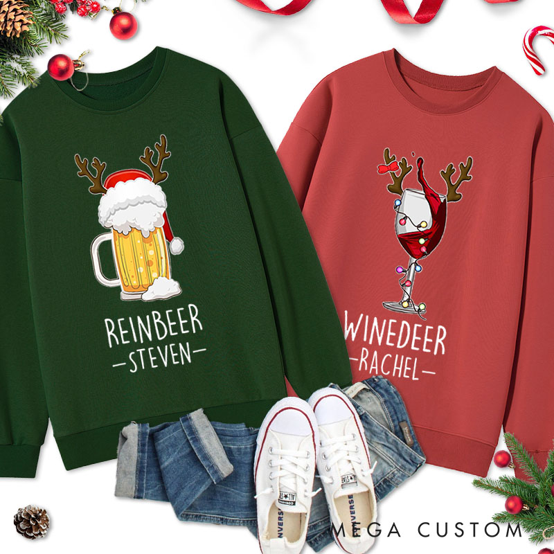 Personalized Couple Reinbeer and Winedeer Christmas Sweatshirt Couple Xmas Antlers Matching Sweatshirt for Husband Wife Boyfriend Girlfriend