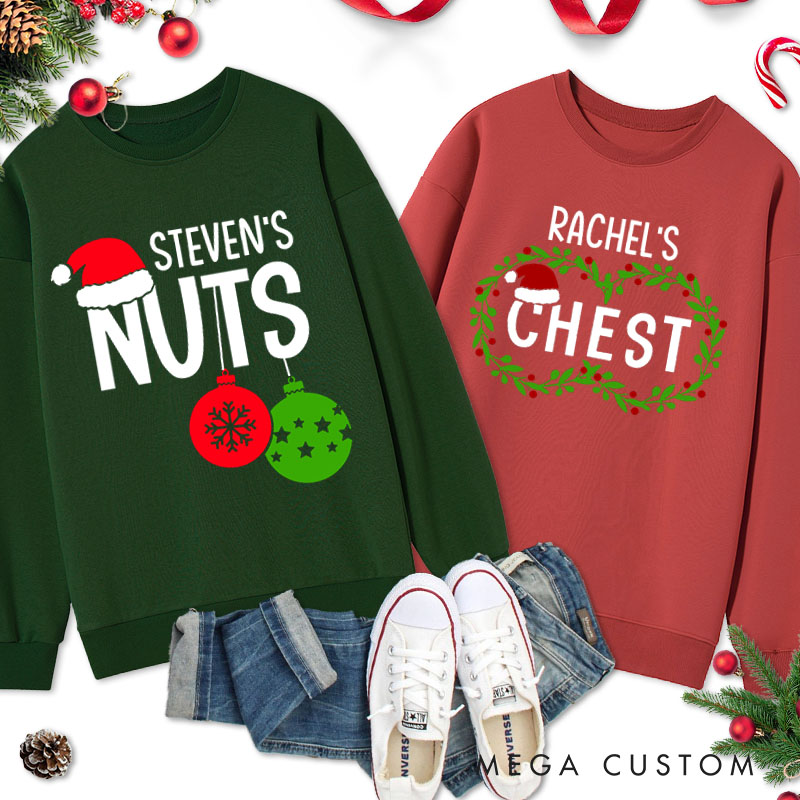Personalized Couple Cheeky Nuts and Chest with Santa Hats Christmas Sweatshirt Xmas Matching Crewneck Sweatshirt for Husband Wife Boyfriend Girlfriend