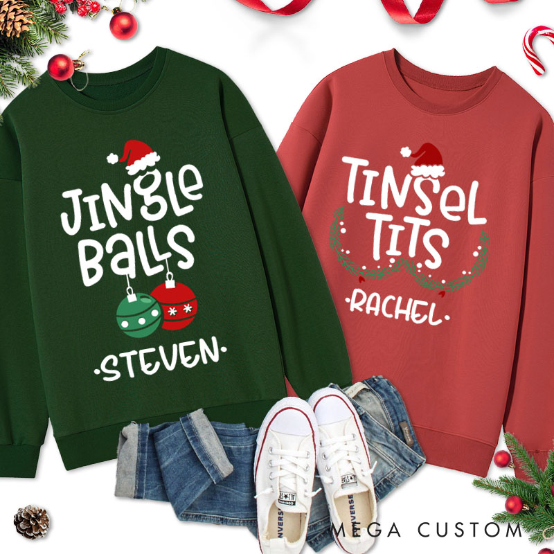 Personalized Couple Cute Jingle Balls and Tinsel Tits Christmas Sweatshirt Xmas Fun Ball and Wreath Sweatshirt for Husband Wife Boyfriend Girlfriend