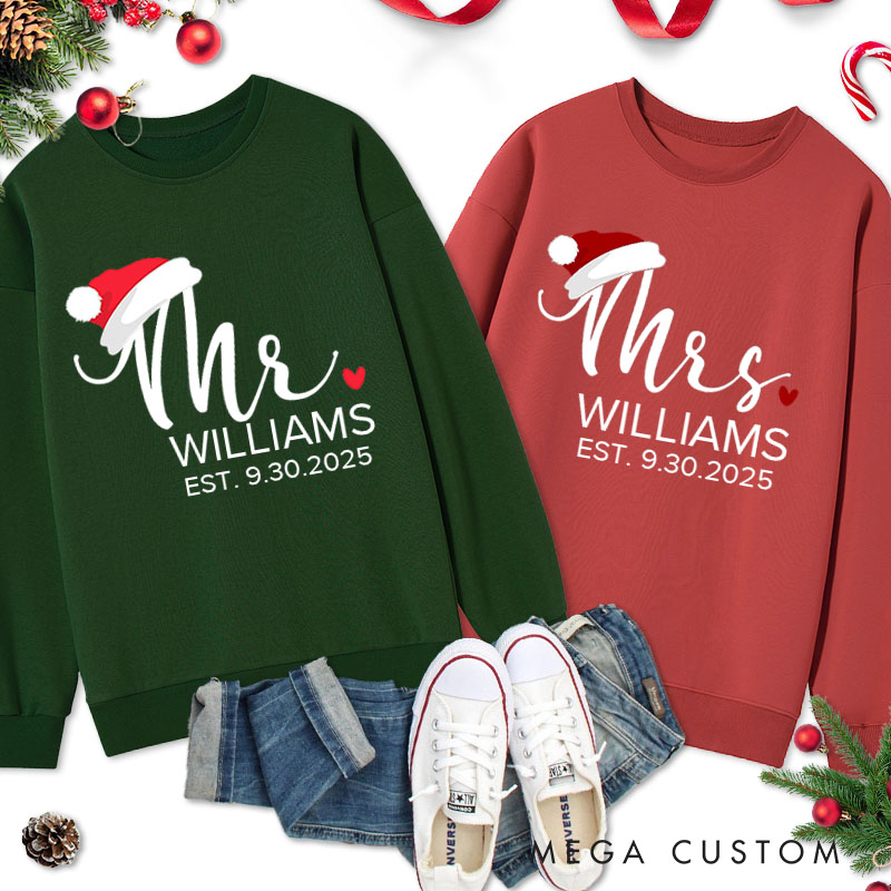 Personalized Couple Mr. and Mrs. with Santa Hats and Heart Christmas Sweatshirt Couple Xmas Matching Sweatshirt for Husband Wife Boyfriend Girlfriend
