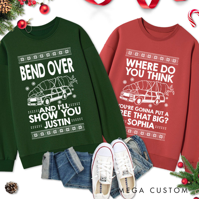Personalized Couple Bend Over and I'll Show You with Truck Sweatshirt Couple Xmas Ugly Sweater Design Sweatshirt for Husband Wife Boyfriend Girlfriend