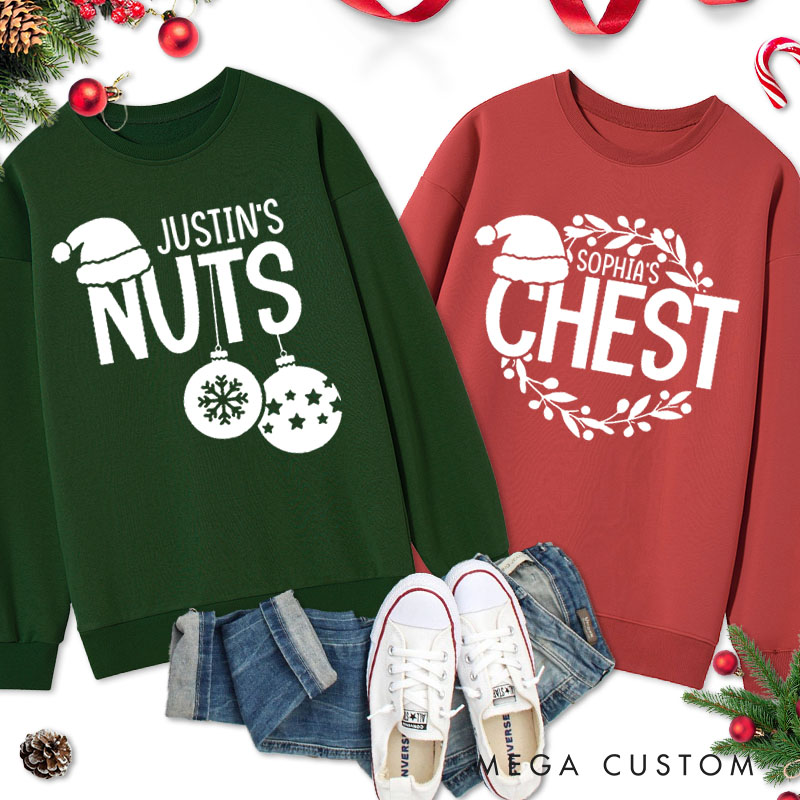 Personalized Couple Simple Nuts and Chest Christmas Sweatshirt with Name Xmas Matching Crewneck Sweatshirt for Husband Wife Boyfriend Girlfriend