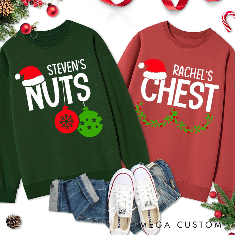 Personalized Couple Cheeky Nuts and Chest Christmas Sweatshirt Funny Couple Xmas Balls and Wreath Sweatshirt for Husband Wife Boyfriend Girlfriend