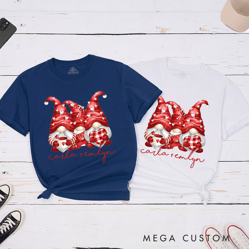 Personalized Couple Red Gnome with Heart Matching T-Shirt Valentine's Day T-Shirt for Husband Wife Boyfriend Girlfriend Gift for Hubby Wifey