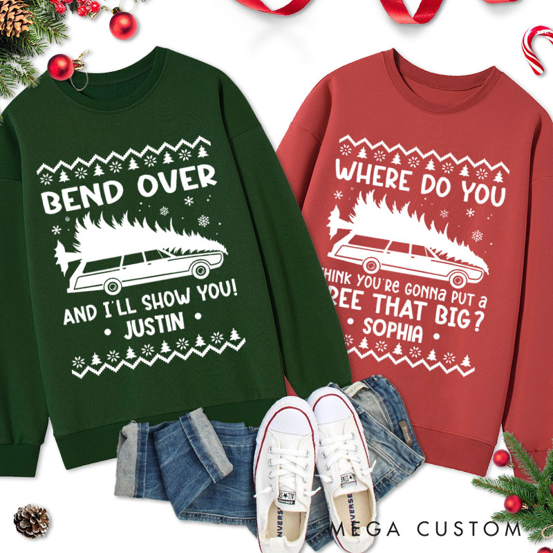 Personalized Couple Bend Over And I’ll Show You Xmas Sweatshirt Christmas Ugly Sweater with Snowflake Sweatshirt for Husband Wife Boyfriend Girlfriend