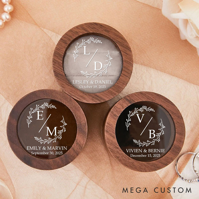 Personalized Couple Initials Round Wreath Wedding Wood Ring Box Custom Newlywed Ring Box with Acrylic Cover Engagement Ring Box Husband Wife Ring Box