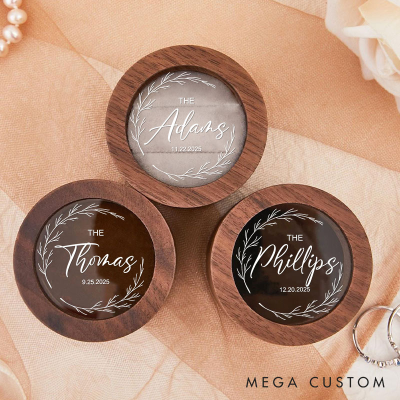 Personalized Couple Round Wreath Wedding Wood Ring Box Custom Newlywed Last Name Ring Box with Acrylic Cover Engagement Ring Box Husband Wife Ring Box