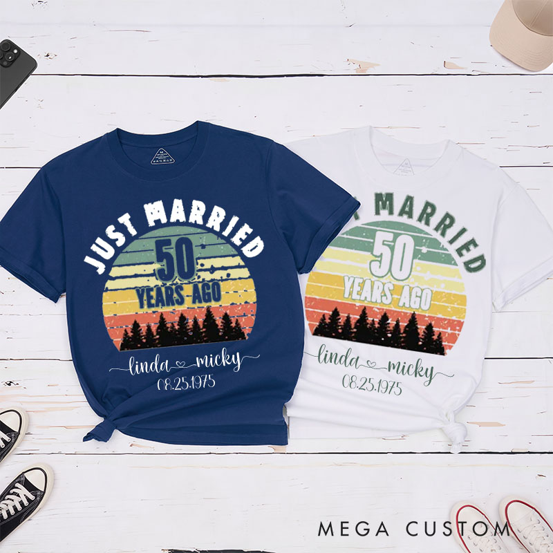 Personalized Couple 50th Anniversary T-Shirt Just Married 50 Years Ago T-Shirt Anniversary Golden Wedding Sunset Tees for Wife Husband