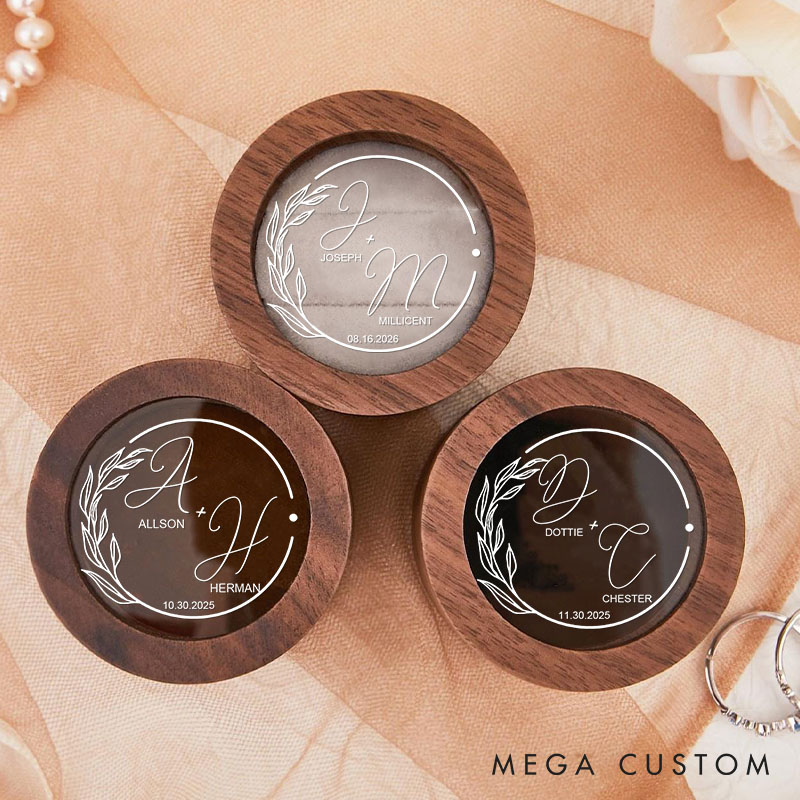 Personalized Couple Wreath Wedding Wooden Ring Box Newlyweds Initials Name Round Ring Box with Acrylic Cover Engagement Ring Box Husband Wife Gift