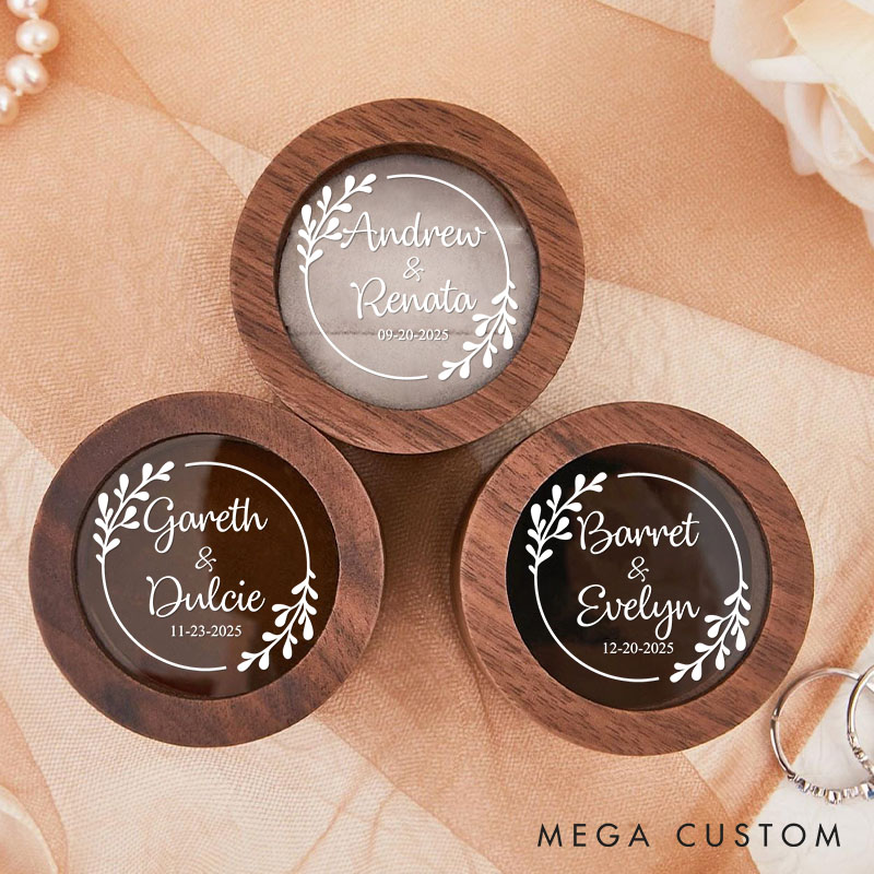 Personalized Couple Wedding Eucalyptus Leaf Wreath Wooden Ring Box Newlyweds Round Ring Box with Acrylic Cover Engagement Ring Box Husband Wife Gift