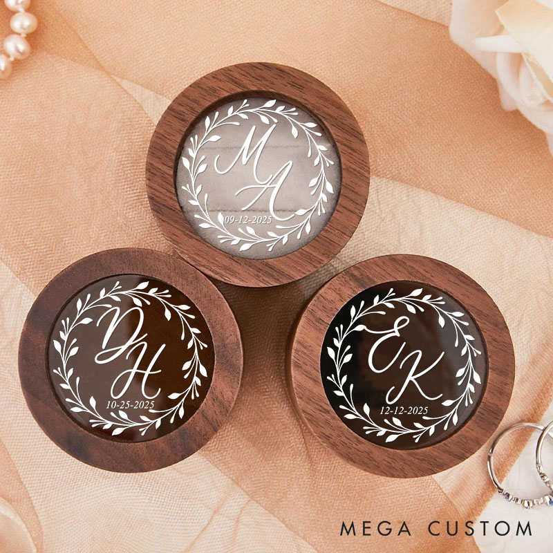 Personalized Couple Wedding Delicate Floral Wreath Wood Ring Box Newlyweds Initials Round Ring Box with Acrylic Cover Husband Wife Engagement Ring Box