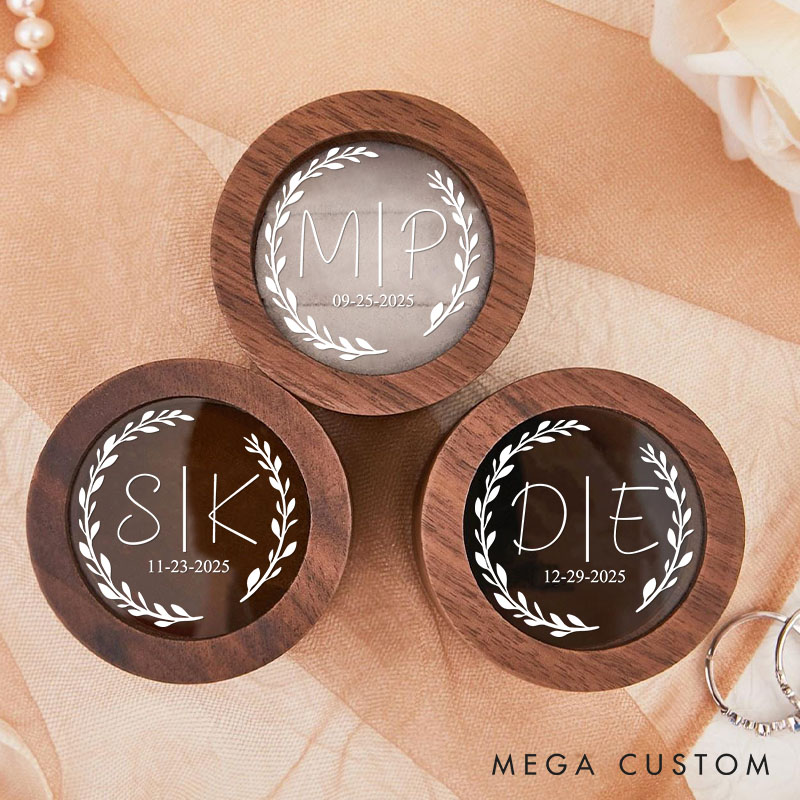 Personalized Couple Wedding Floral Wreath Wooden Ring Box Newlyweds Initials Round Ring Box with Acrylic Cover Engagement Ring Box Husband Wife Gift