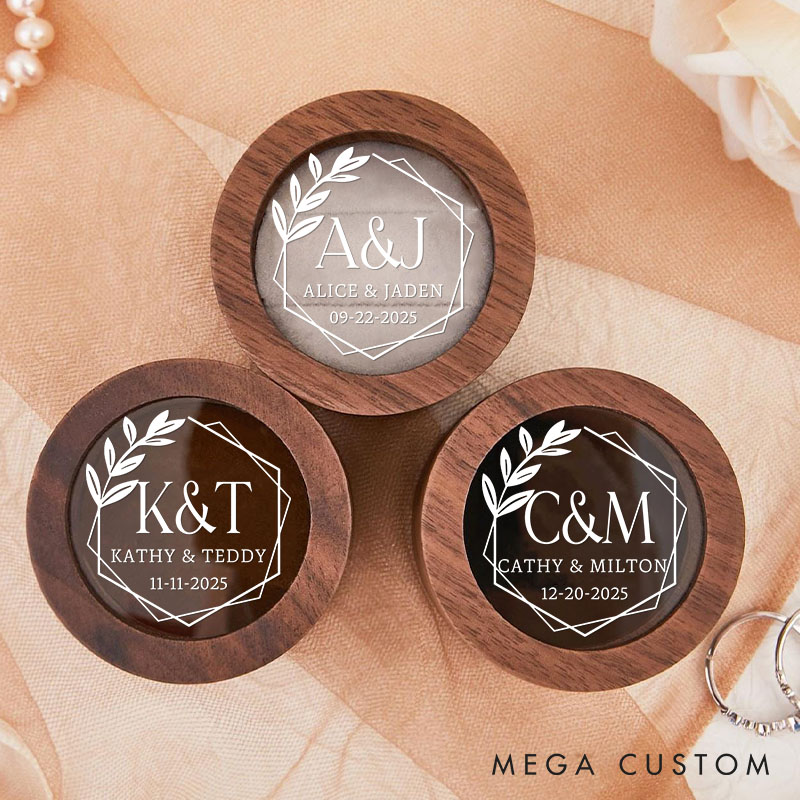 Personalized Couple Wedding Hexagon Wrath Wooden Ring Box Newlyweds Initials Name Round Ring Box with Acrylic Cover Husband Wife Engagement Ring Box