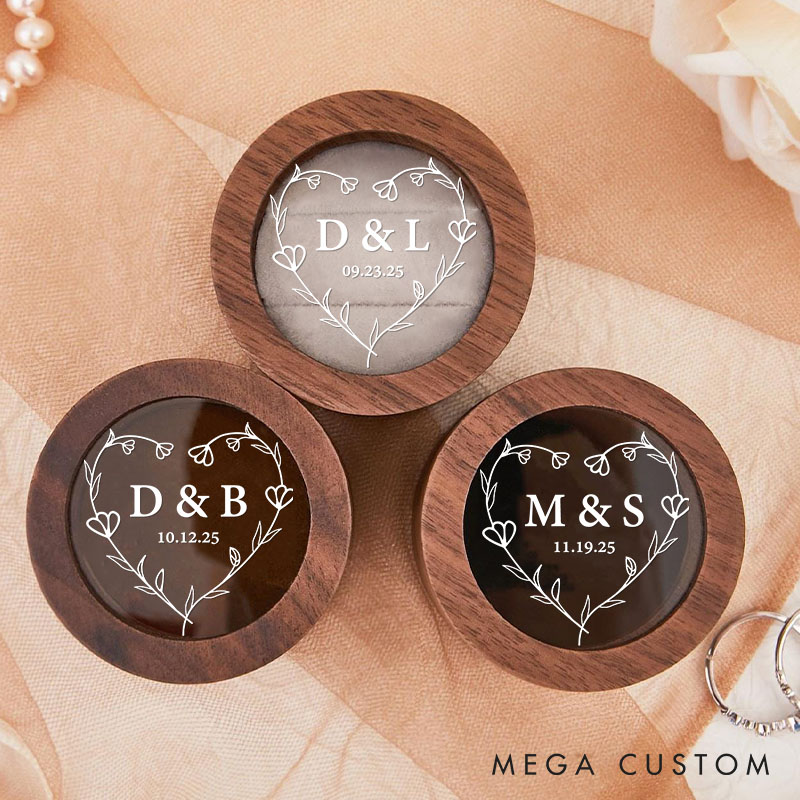 Personalized Couple Wedding Heart Floral Wreath Wooden Ring Box Newlyweds Initials Round Ring Box with Acrylic Cover Husband Wife Engagement Ring Box