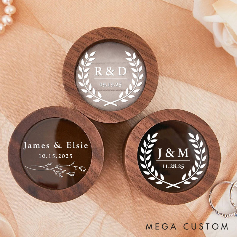 Personalized Couple Wedding Classic Laurel Wreath Wooden Ring Box Newlywed Initials Round Ring Box with Acrylic Cover Husband Wife Engagement Ring Box