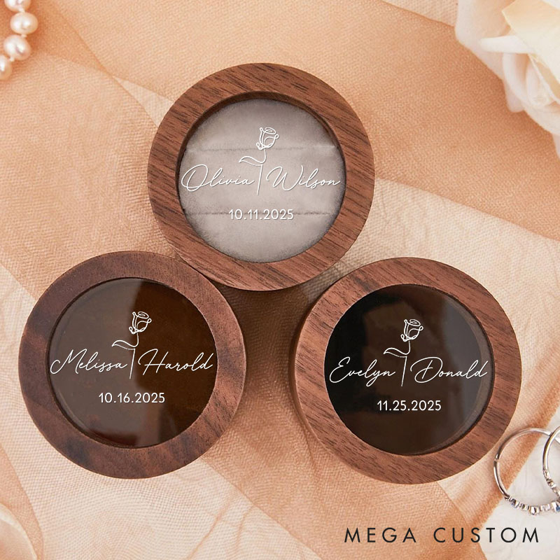 Personalized Couple Wedding Line Rose Wooden Ring Box Custom Newlywed Name Round Ring Box with Acrylic Cover Engagement Ring Box Husband Wife Gift