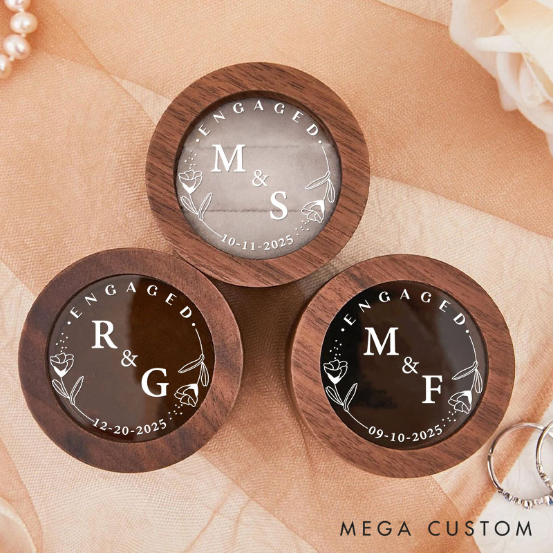 Personalized Couple Engaged Round Rose Wreath Wooden Ring Box Custom Newlyweds Initials Ring Box with Acrylic Cover Wedding Ring Box Husband Wife Gift