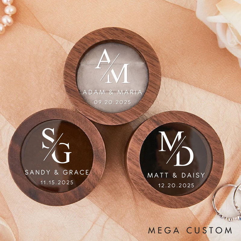 Personalized Couple Sleek Initials Wedding Wooden Ring Box Custom Newlyweds Name Ring Box with Acrylic Cover Engagement Ring Box Husband Wife Gift