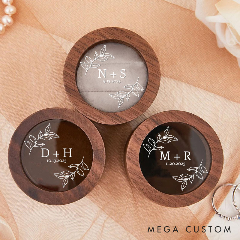 Personalized Couple Wedding Stylish Leaf Wreath Wooden Ring Box Newlyweds Initials Ring Box with Acrylic Cover Engagement Ring Box Husband Wife Gift