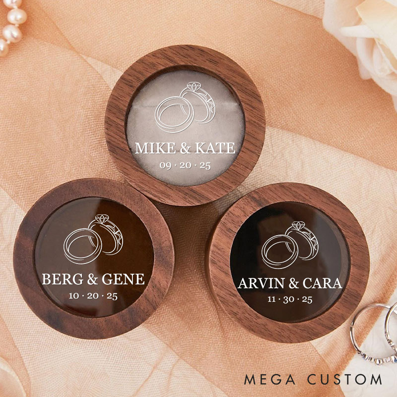 Personalized Couple Charming Wedding Ring Wooden Ring Box Custom Newlyweds Name Ring Box with Acrylic Cover Engagement Ring Holder Husband Wife Gift