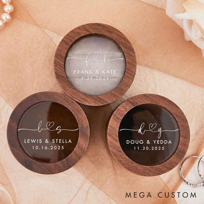 Personalized Couple Initials with Heart Wedding Wooden Ring Box Custom Newlywed Name Ring Box with Acrylic Cover Engagement Ring Box Husband Wife Gift