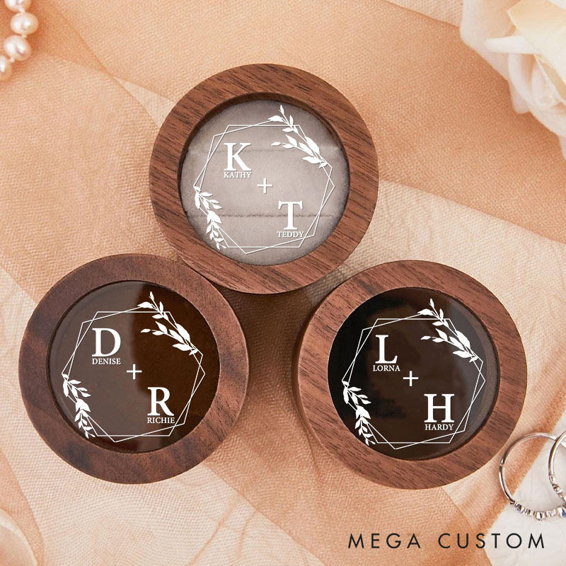 Personalized Couple Wedding Hexagon Leaf Wreath Wooden Ring Box Newlyweds Initials Name Ring Box with Acrylic Cover Engaged Ring Box Husband Wife Gift