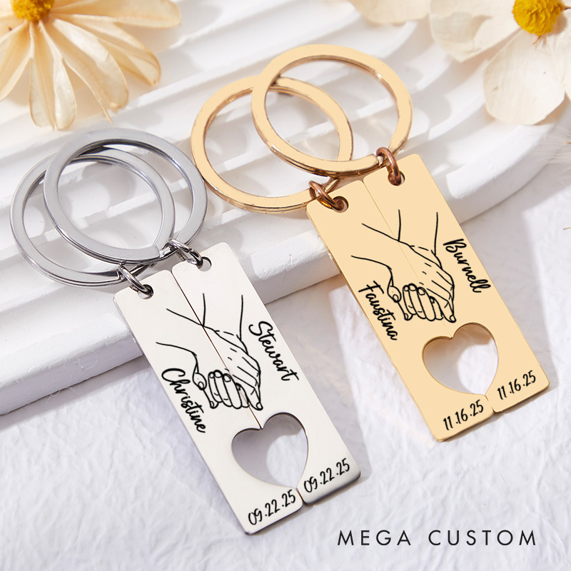 Personalized Couple Holding-hands 2pcs Matching Keychain Newlyweds Matching Heart Keyring Valentine's Day Gift for Boyfriend Girlfriend Husband Wife