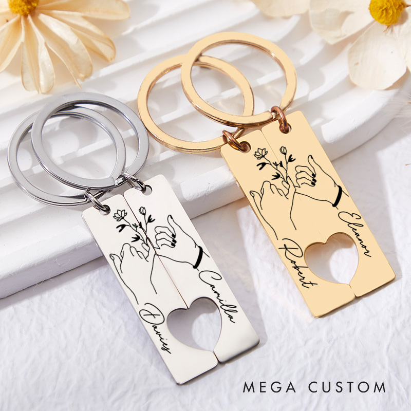 Personalized Couple Pinky Promise 2pcs Matching Keychain Newlywed Flower Hand Heart Keyring Valentine's Day Gift for Boyfriend Girlfriend Husband Wife