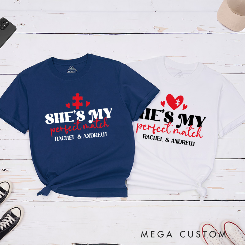 Personalized Couple She's My Perfect Match Matching T-Shirt Valentine's Day He's My Perfect Match T-Shirt for Husband Wife Boyfriend Girlfriend Gift