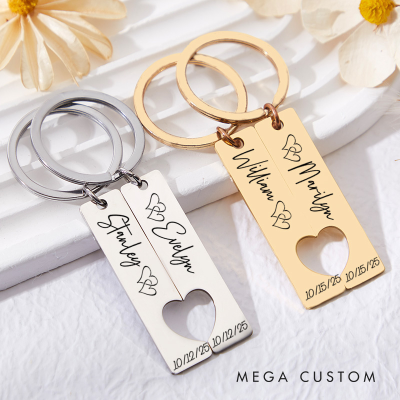 Personalized Couple Name with Heart 2pcs Matching Keychain Newlyweds Matching Heart Keyring Valentine's Day Gift for Boyfriend Girlfriend Husband Wife