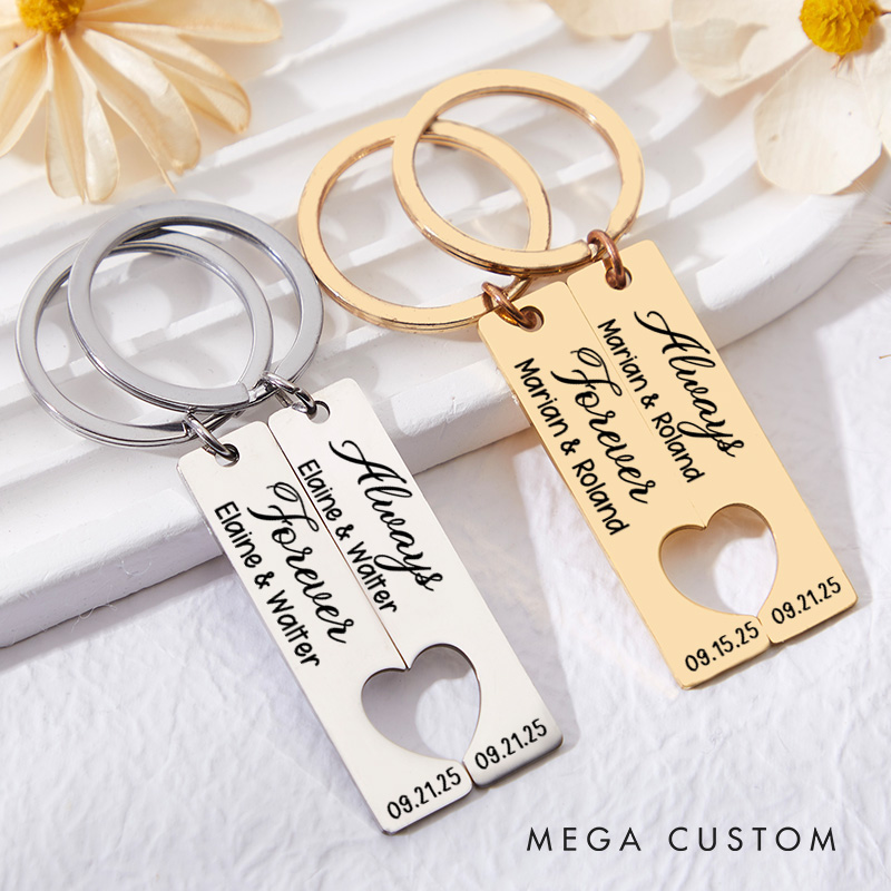 Personalized Couple Forever Always 2pcs Matching Keychain Newlyweds Matching Heart Keychain Valentine's Day Gift for Boyfriend Girlfriend Husband Wife