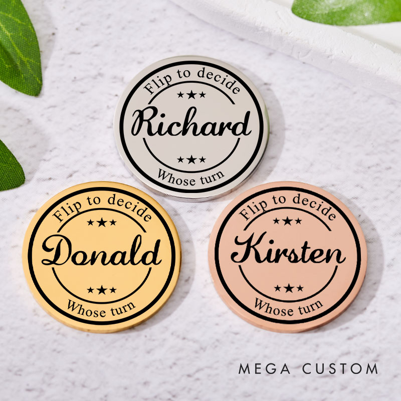 Personalized Couple Name Round Frame Decision Coin Newlyweds Whose Turn Flip to Decide Coin Valentine's Day Gift for Boyfriend Girlfriend Husband Wife