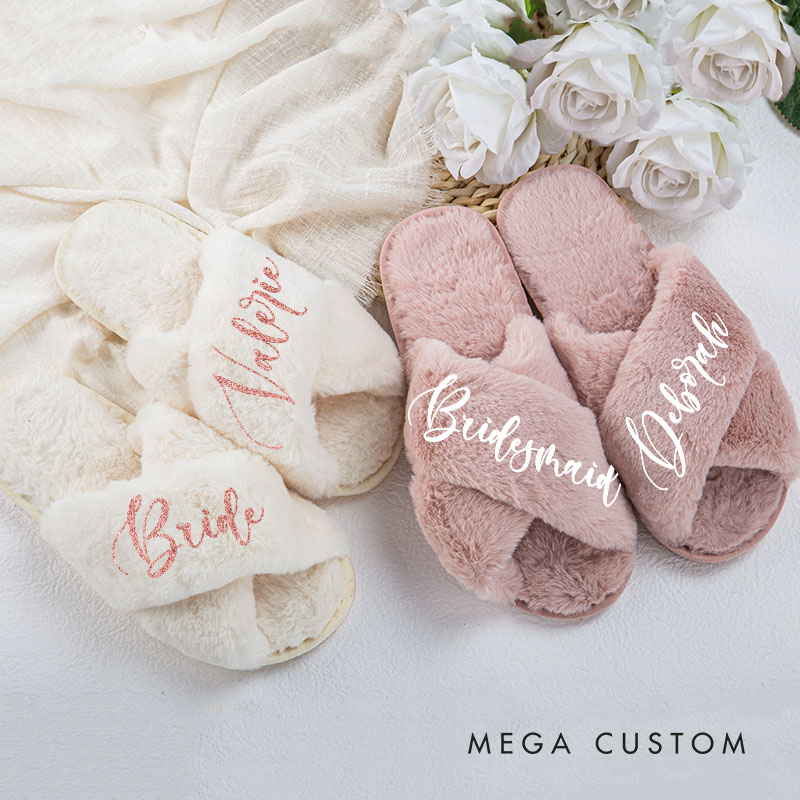 Personalized Elegant Bridesmaid Fluffy Slippers with Name Custom Bride Name Slipper Maid of Honor Slippers Bridal Shower Gift Bachelorette Party Gift