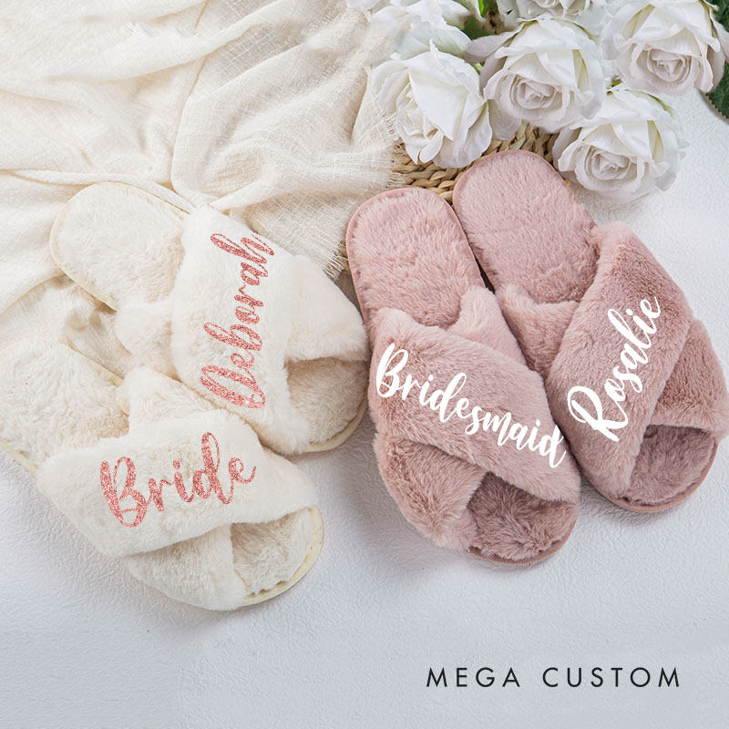 Personalized Stylish Bridesmaid Fluffy Slippers with Name Custom Bride Name Slipper Maid of Honor Slippers Bridal Shower Gift Bachelorette Party Gift