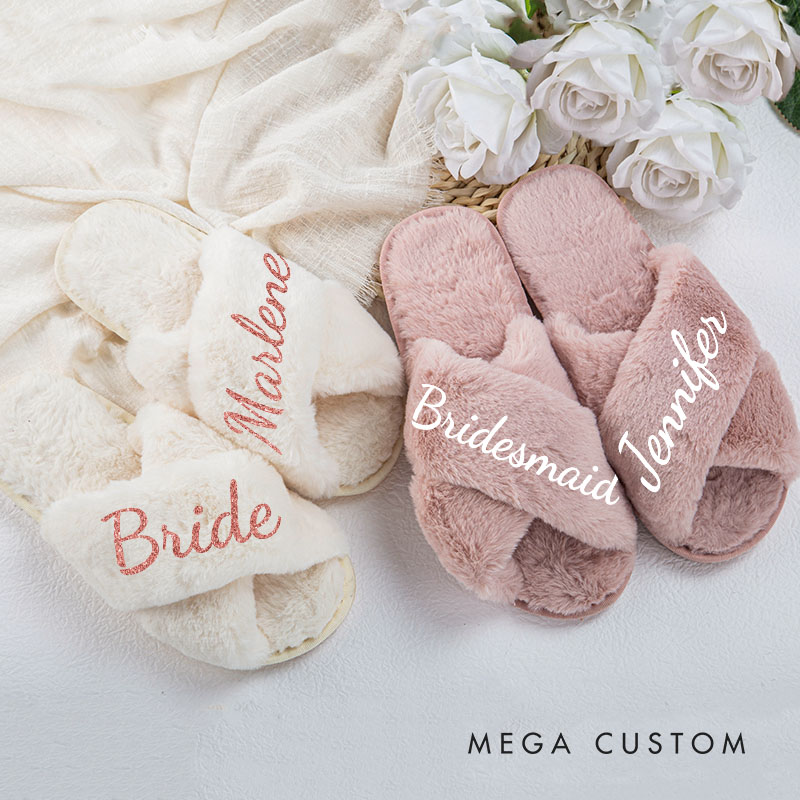Personalized Luxurious Bridesmaid Fluffy Slippers Custom Bride Name Slipper Maid of Honor Slippers Bridal Shower Gift Bachelorette Party Gift for Her